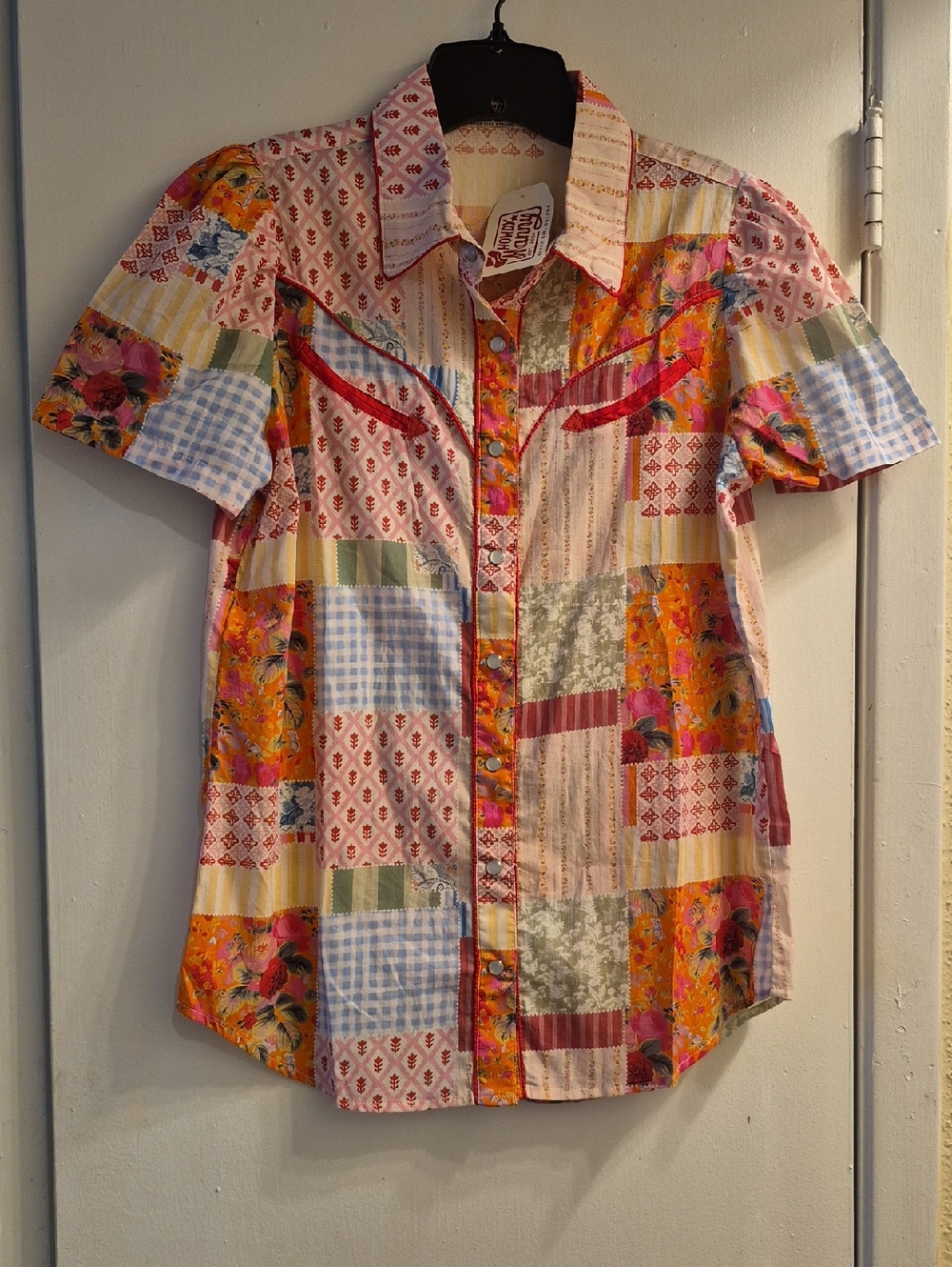 Patchwork Short-Sleeve Button-Down Shirt - Multicolor